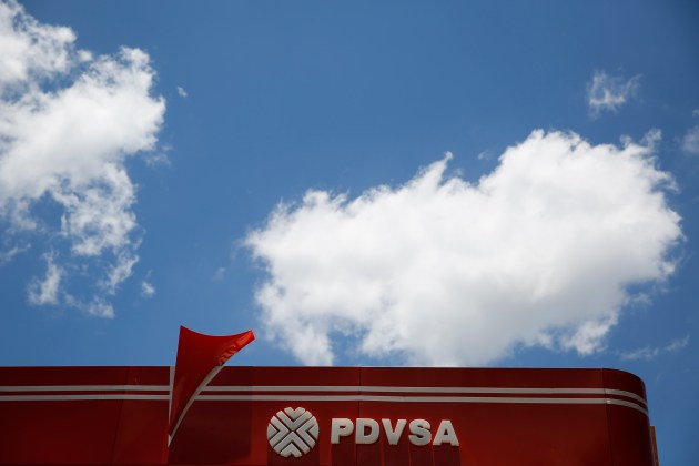 The PDVSA logi is seen at its gas station in Caracas