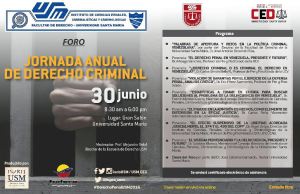 Jornada de Derecho Criminal se efectuará en la Universidad Santa María