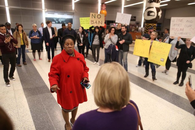 U.S. Representative Sheila Jackson Lee speaks to protesters at George Bush Intercontinental Airport in Houston, Texas, U.S., January 28, 2017. REUTERS/Trish Badger