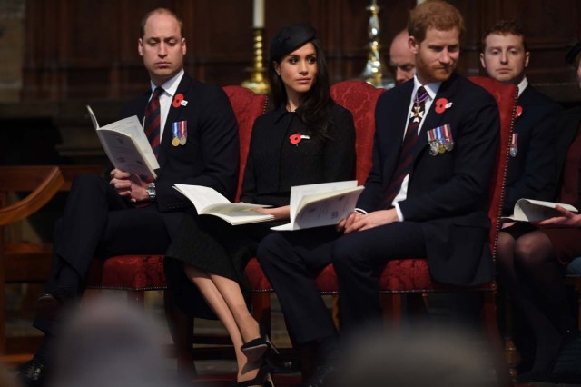 Britain's Prince William, Prince Harry and his fiancee Meghan Markle attend a Service of Thanksgiving and Commemoration on ANZAC Day at Westminster Abbey in London, Britain, April 25, 2018. Eddie Mulholland/Pool via Reuters