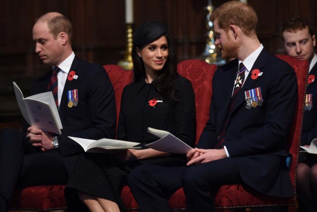 Britain's Prince William, Prince Harry and his fiancee Meghan Markle attend a Service of Thanksgiving and Commemoration on ANZAC Day at Westminster Abbey in London, Britain, April 25, 2018. Eddie Mulholland/Pool via Reuters